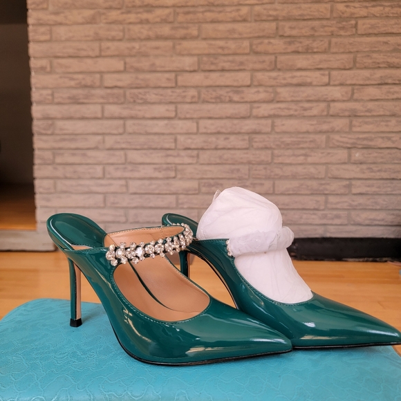 Green Slip On Mule Rhinestone Heels - Picture 2 of 10